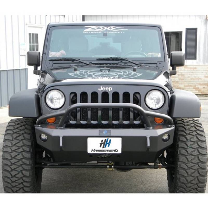 Hammerhead Bumpers - Hammerhead 600-56-0206 Stubby Winch Front Bumper with Pre-Runner Guard and Round Light Holes for Jeep Wrangler JK 2007-2017
