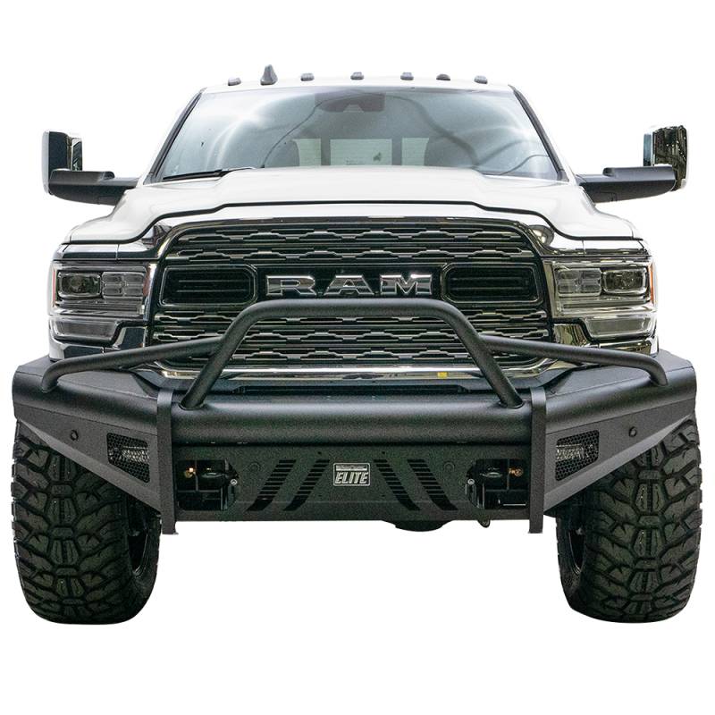 Fab Fours - Fab Fours DR19-Q4462-1 Black Steel Elite Smooth Front Bumper with Pre-Runner Guard for Dodge Ram 2500/3500 2019-2021