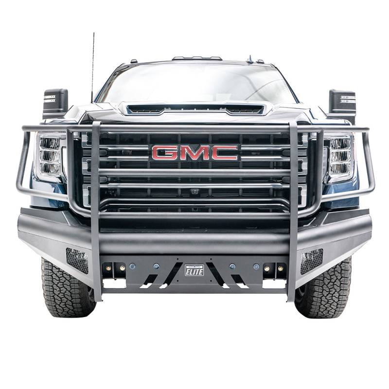 Fab Fours - Fab Fours GM20-Q5060-1 Black Steel Elite Front Bumper with Full Grill Guard for GMC Sierra 2500/3500 2020-2021