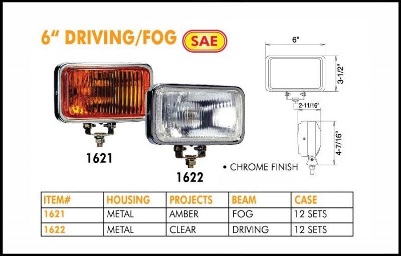 Eagle Eye Lights - Eagle Eye Lights 1622 6" Chrome 12V 55W Fog Clear Rectangular Halogen Off Road Light with 320A Wiring Set