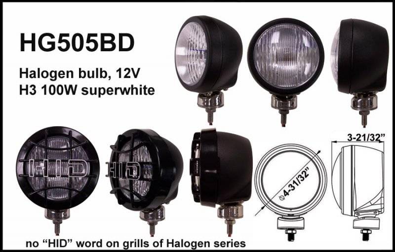 Eagle Eye Lights - Eagle Eye Lights HG505BD 4 31/32" Black 12V 100W Superwhite Driving Clear Round Halogen Off Road Light with Grille Guard Each